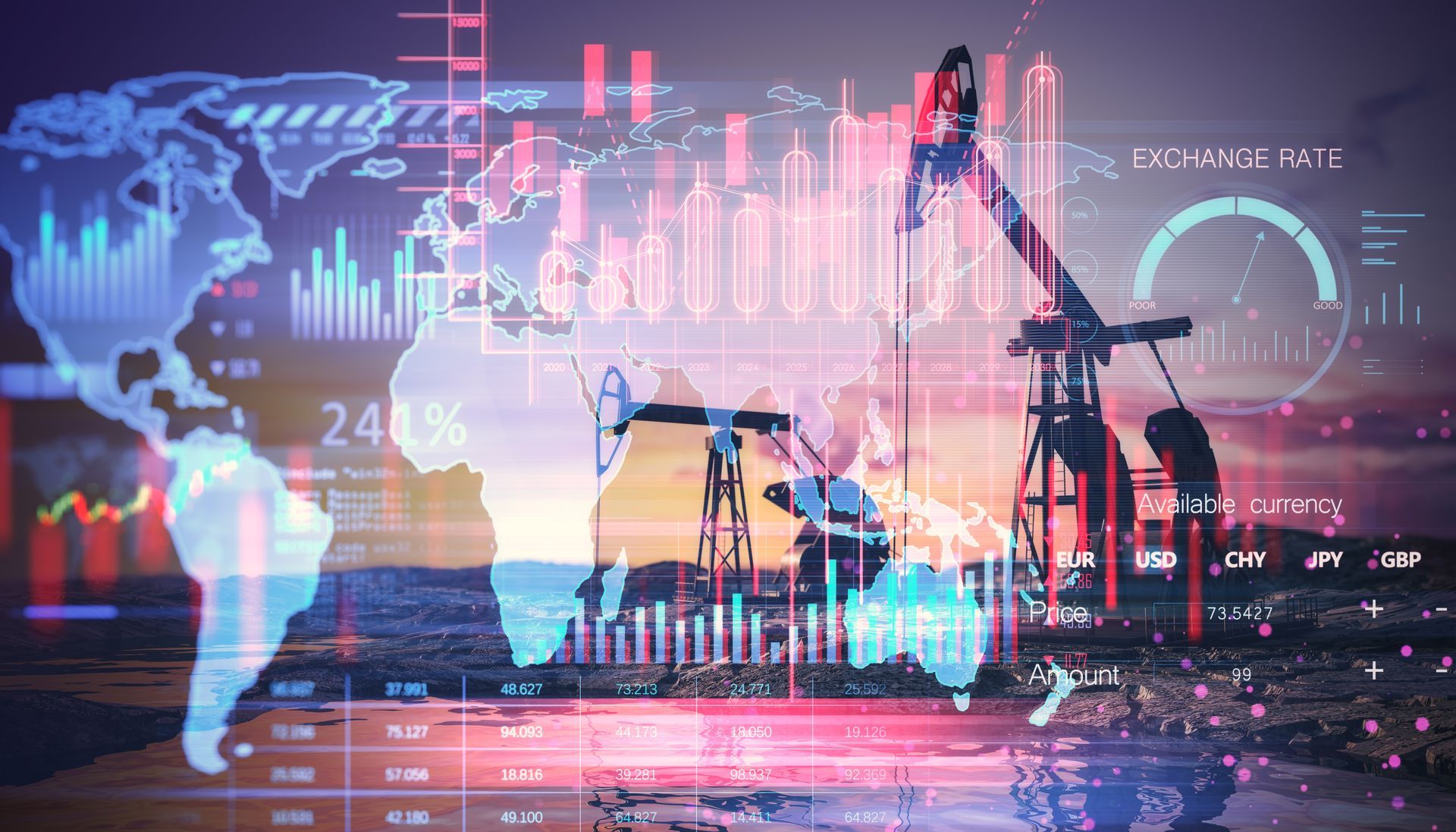 World map overlaid with financial graphs, oil rig silhouette, and digital data visualizations.