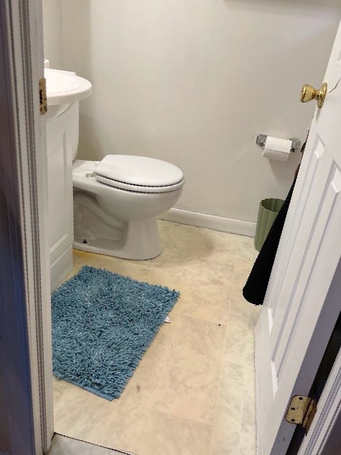 A bathroom with a toilet a sink and a blue rug