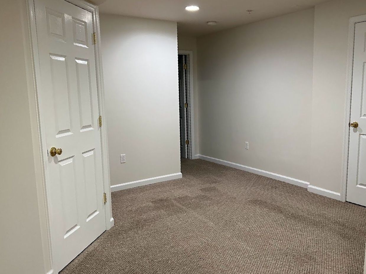 An empty basement with a carpeted floor and white walls.