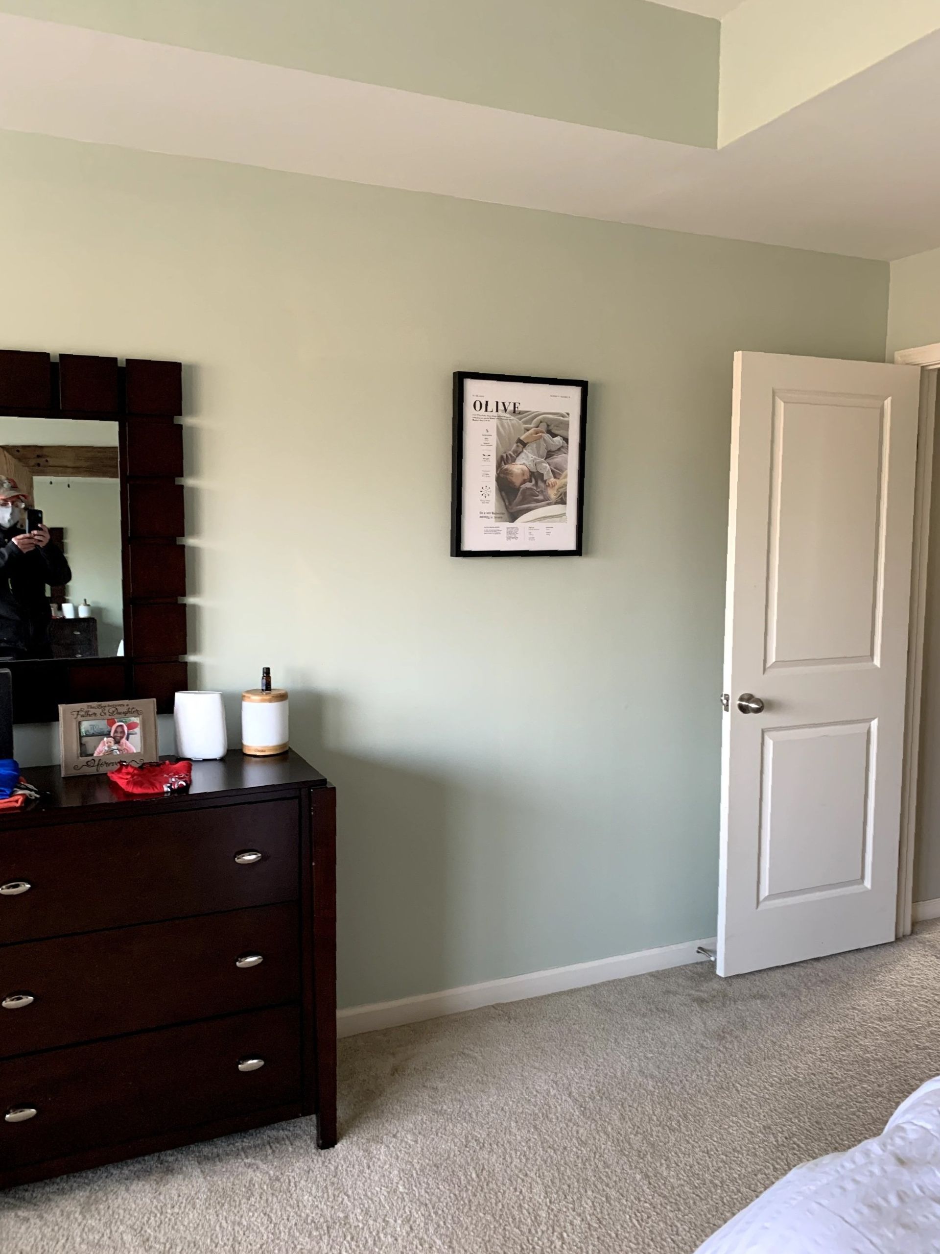A bedroom with a dresser a mirror and a picture on the wall