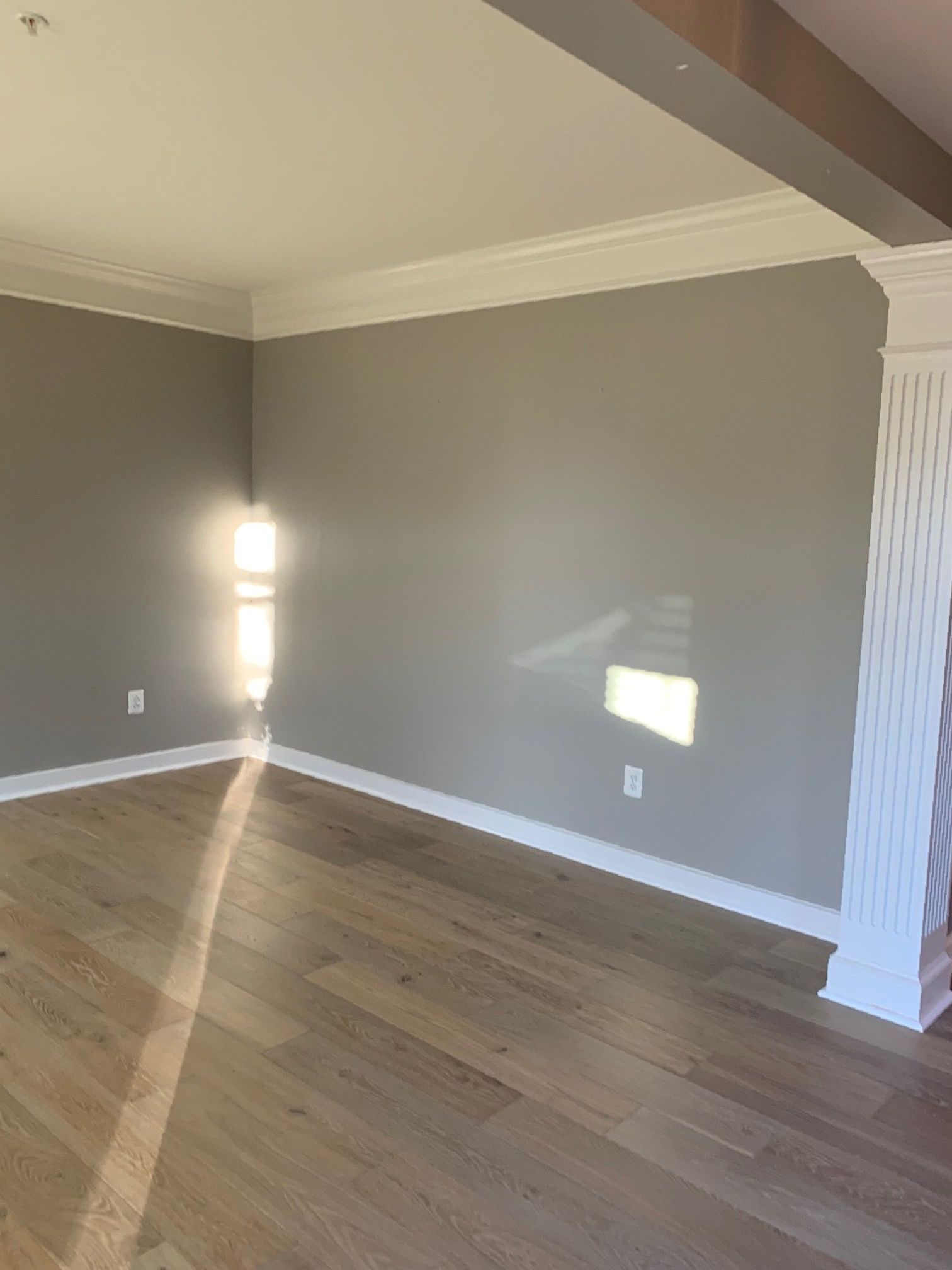 An empty living room with hardwood floors and gray walls.