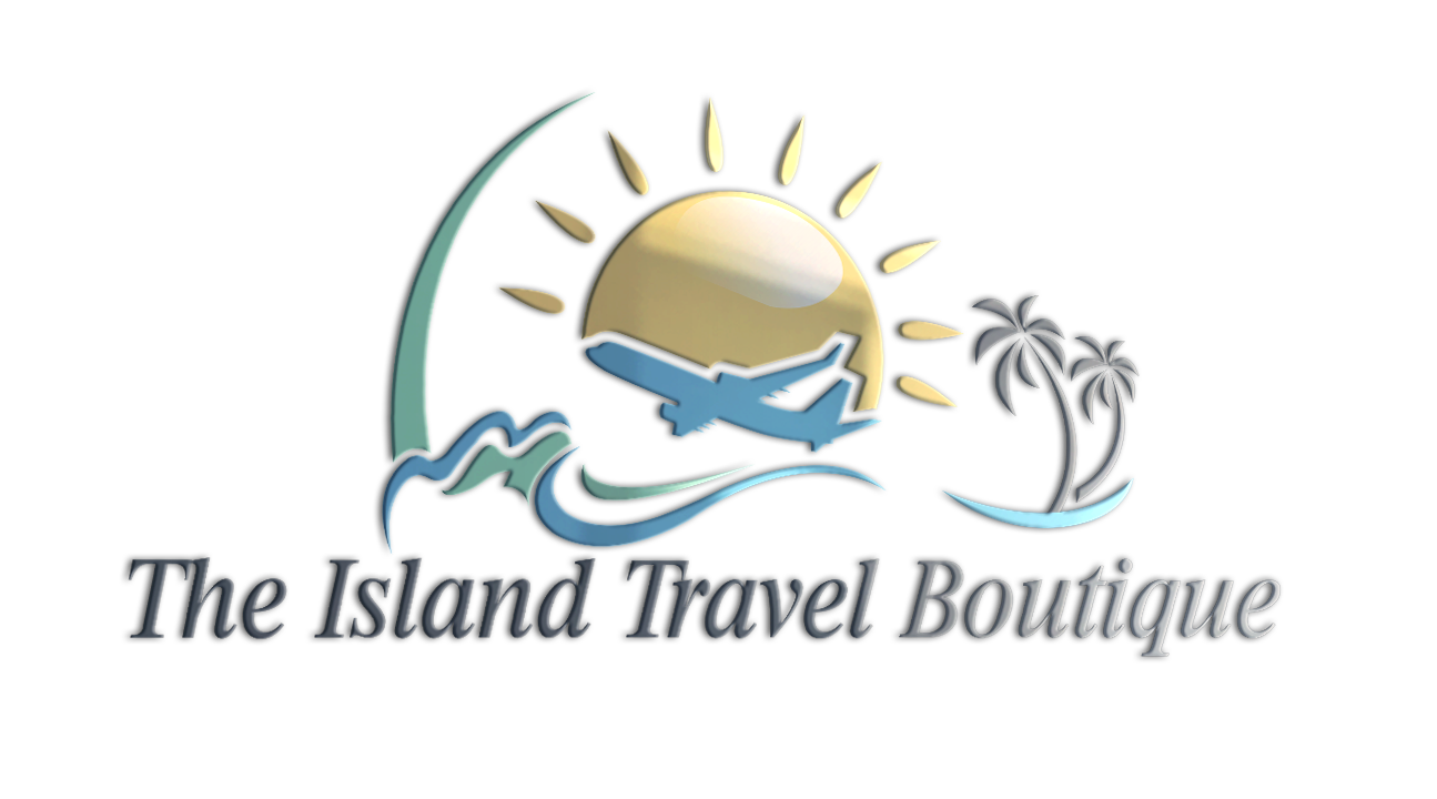 Logo for The Island Travel Boutique: a sun, airplane, and palm trees above blue waves, with the text below.