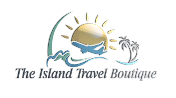 Logo for The Island Travel Boutique: a sun, airplane, and palm trees above blue waves, with the text below.