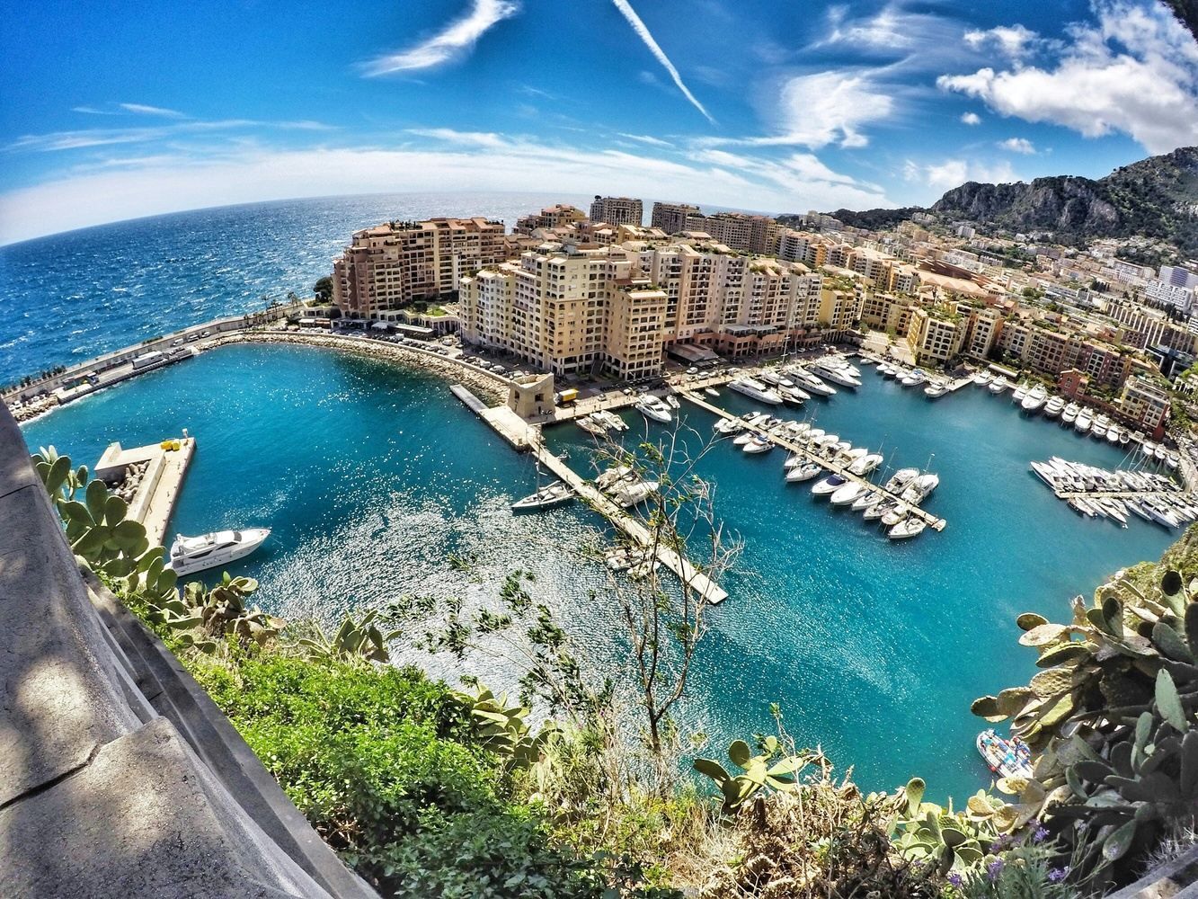 A large harbor with yachts of varying sizes that is ringed with residential buildings.