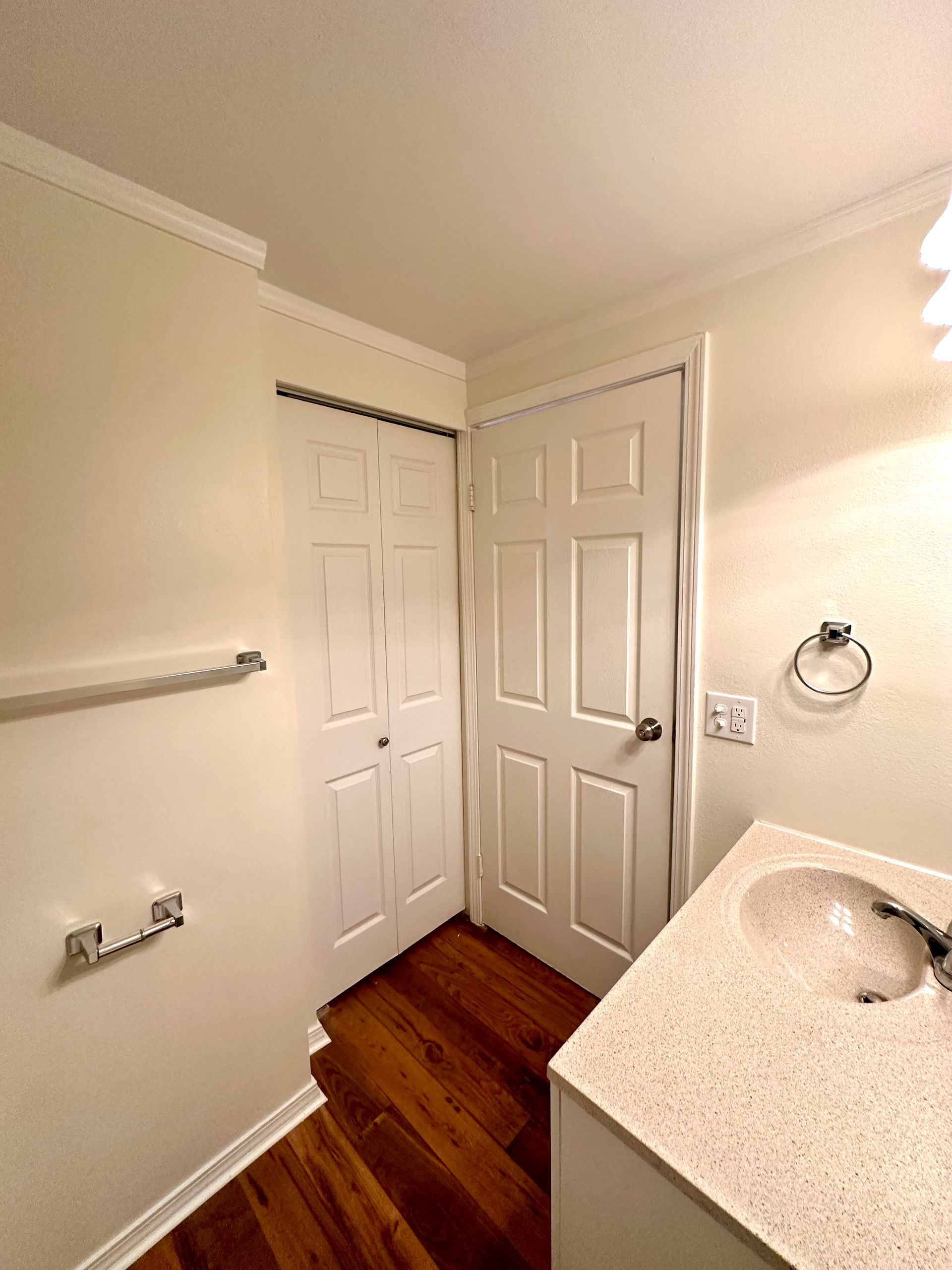 Bathroom interior with white doors, tan countertop, and wood flooring.