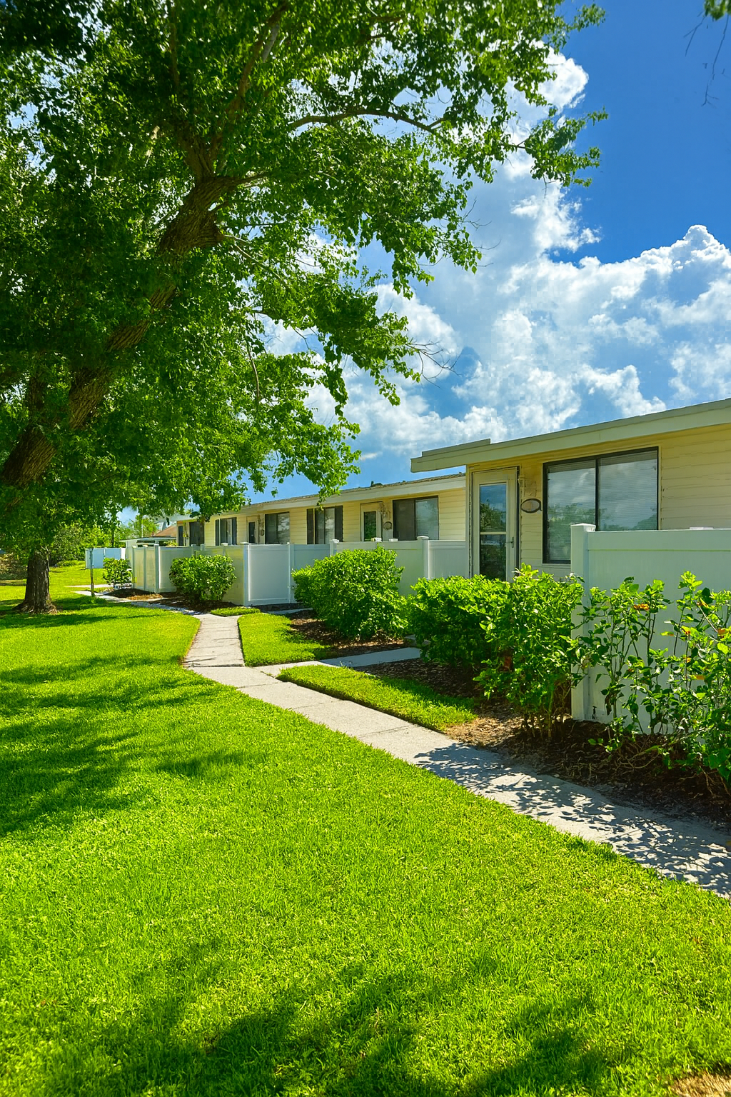 Row of tan houses with white fences, green grass, and trees under a bright blue sky with fluffy white clouds.