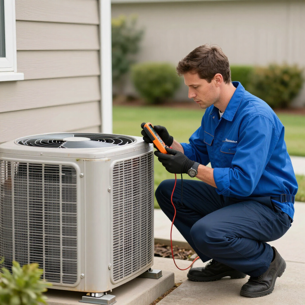 Technician inspecting an outdoor air conditioner unit with a meter beside a house