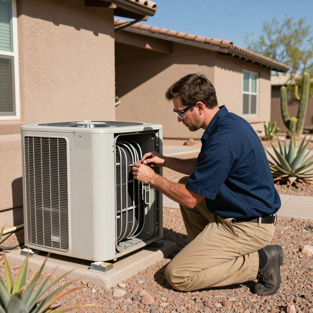 Technician kneeling beside an outdoor air conditioner, inspecting the unit outside a house.