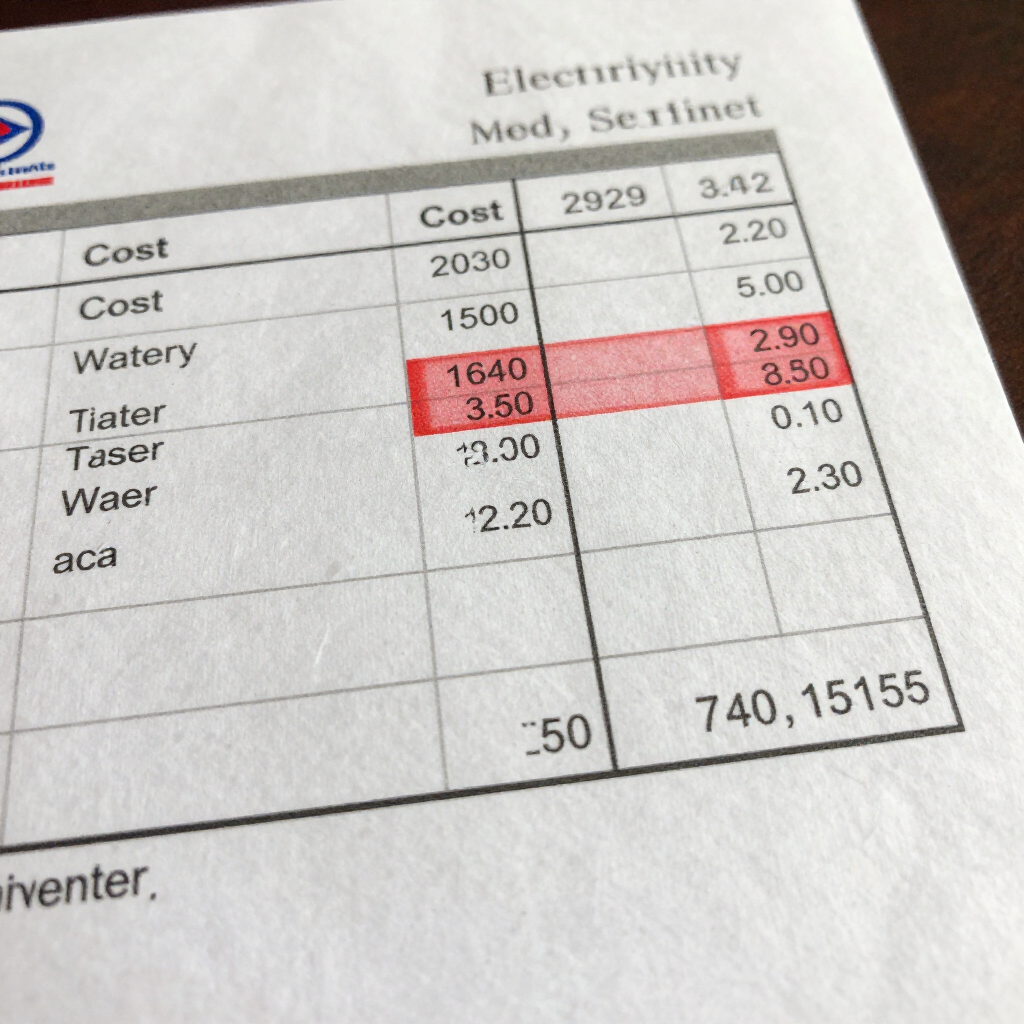 Close-up of a printed electricity cost table with some red-highlighted rows and handwritten numbers.