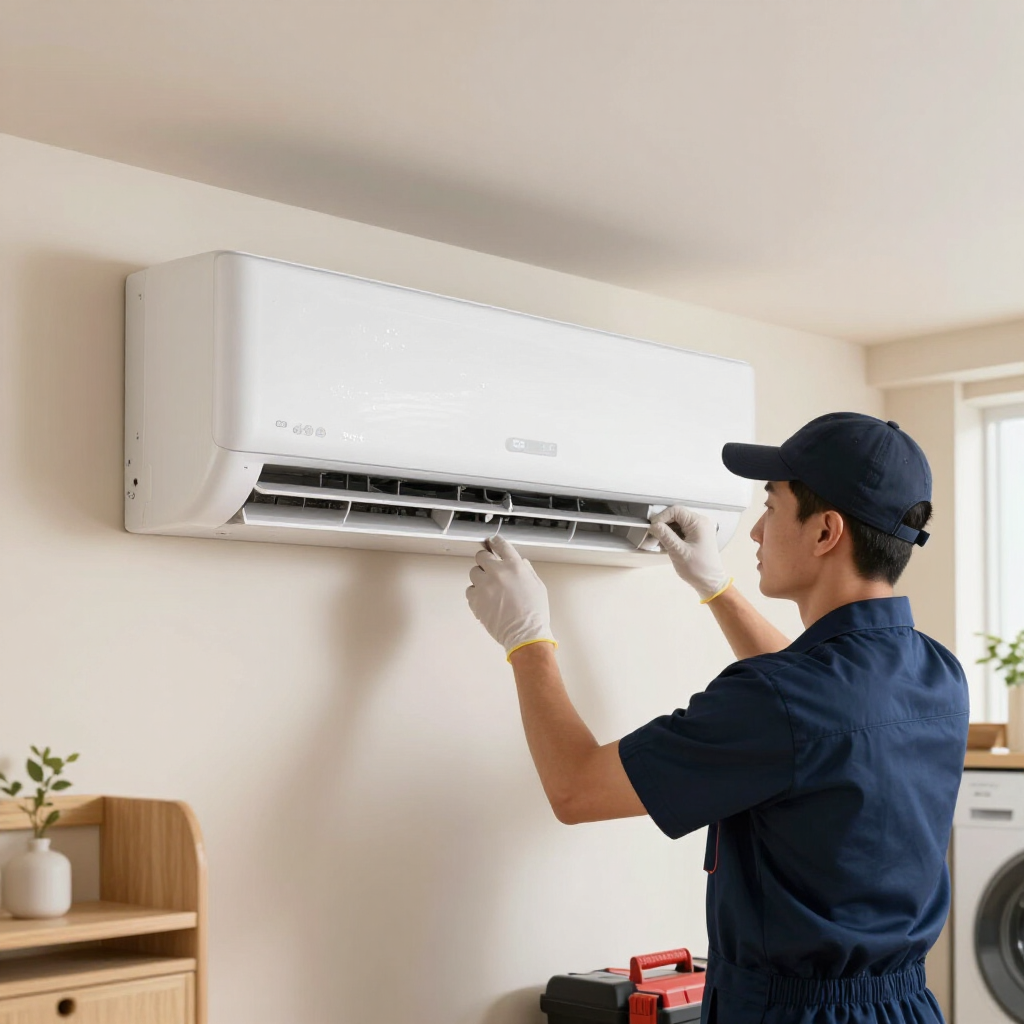 Technician cleaning a wall-mounted air conditioner in a bright room