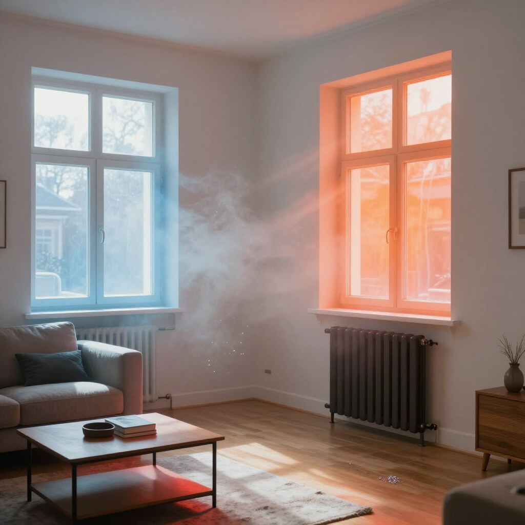 Sunlit living room with blue and orange windows and a hazy mist in the center