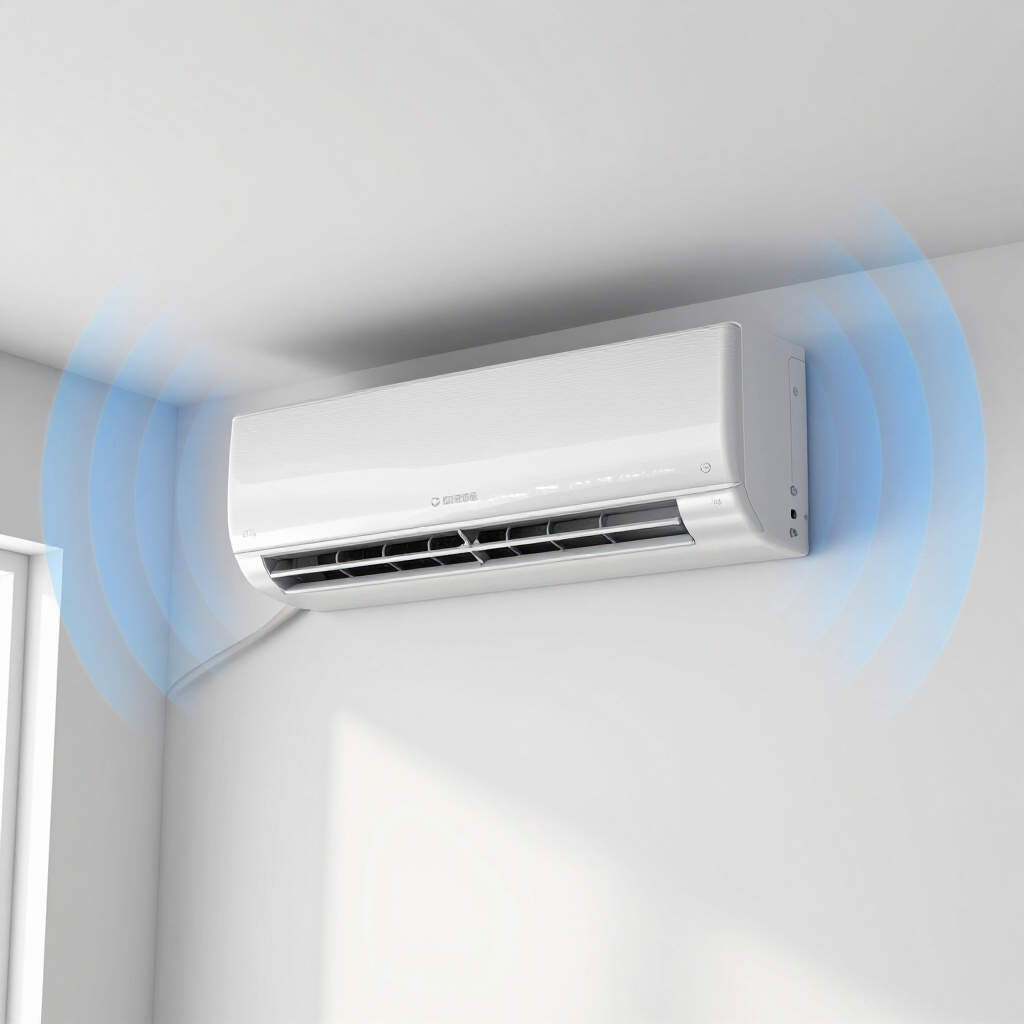 White wall-mounted air conditioner blowing cool air in a bright room
