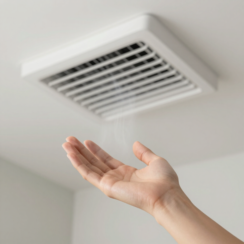 Hand reaching toward a ceiling vent with airflow visible