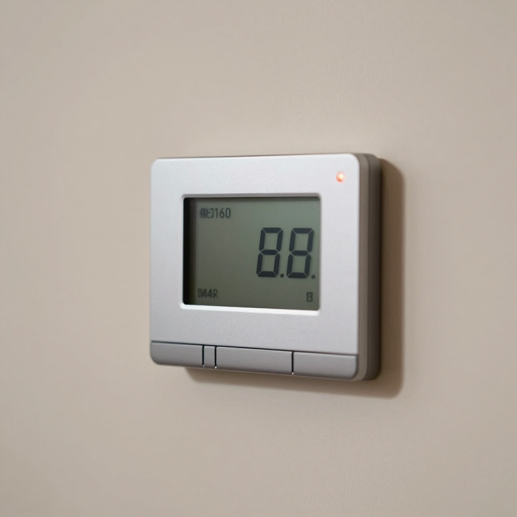 Wall-mounted digital thermostat with a gray display showing 8.8