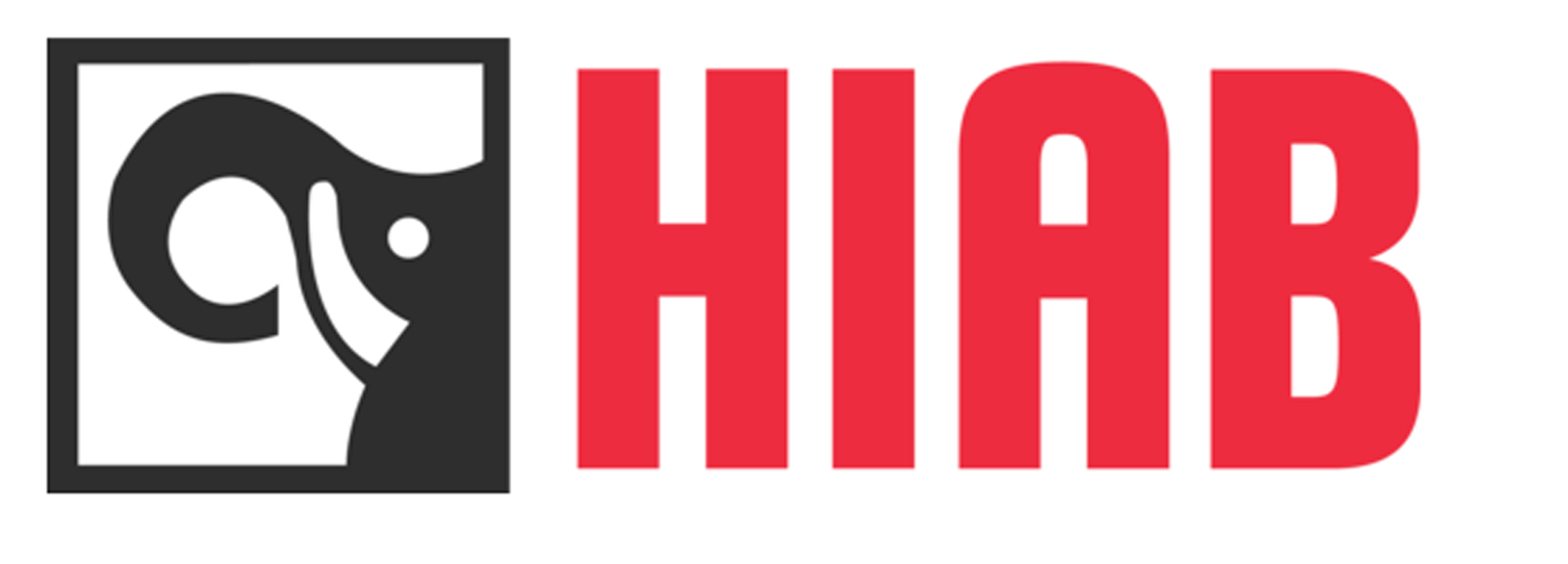 A red and black logo for hiab with a black elephant in a square.