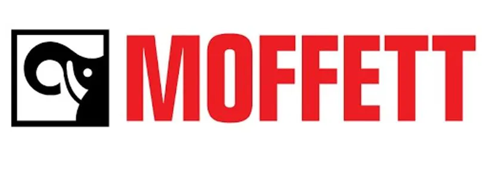 A red and black logo for moffett with a ram on it