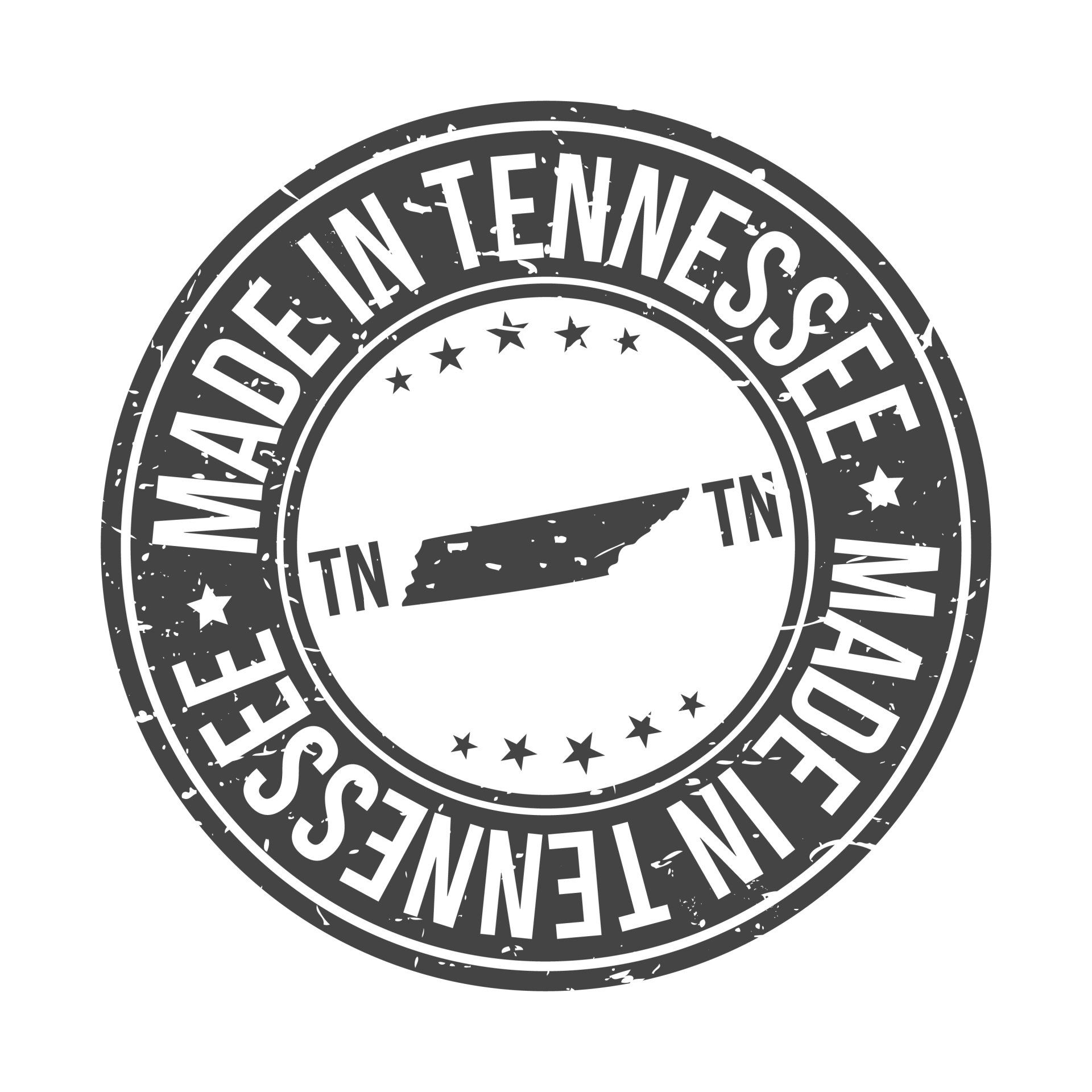 Circular black-and-white Tennessee-made seal with stars and “Made in Tennessee” text around the edge.