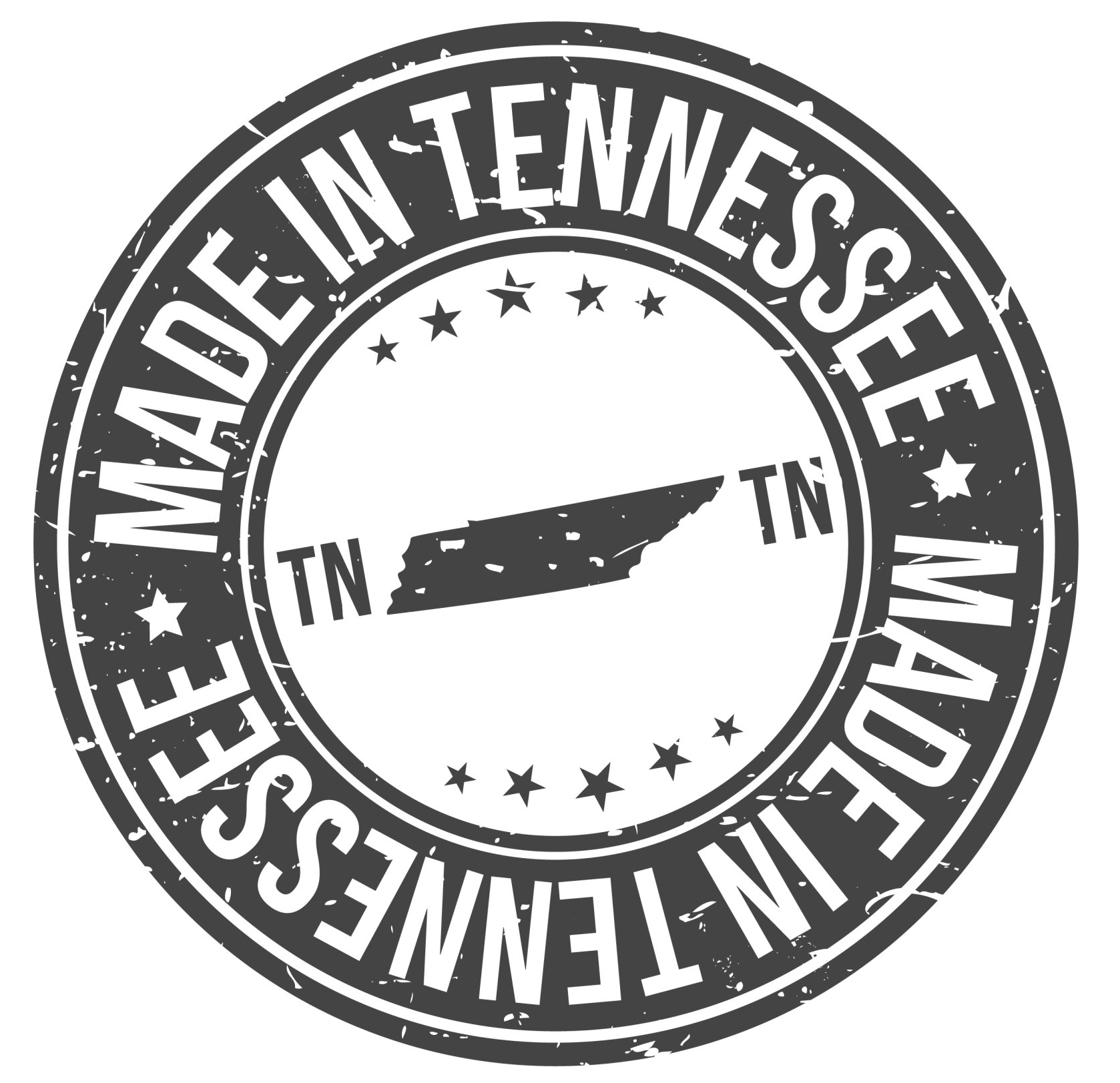 Made in Tennessee circular black-and-white stamp logo with state outline and stars