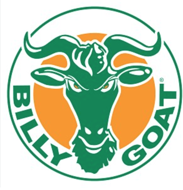 Logo di Billy Goat con una testa di capra verde sopra un cerchio arancione e la scritta