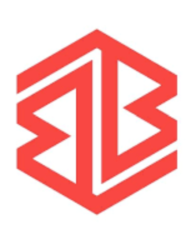 Logo esagonale geometrico rosso con lettere bianche stilizzate su sfondo bianco.