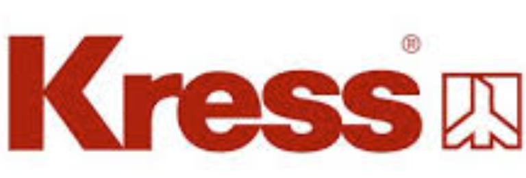 Logo Kress in testo rosso scuro con un emblema geometrico rosso su sfondo bianco.