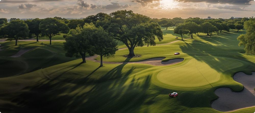 Campo da golf soleggiato con fairway verdi, alberi, bunker di sabbia e un golfista vicino al green