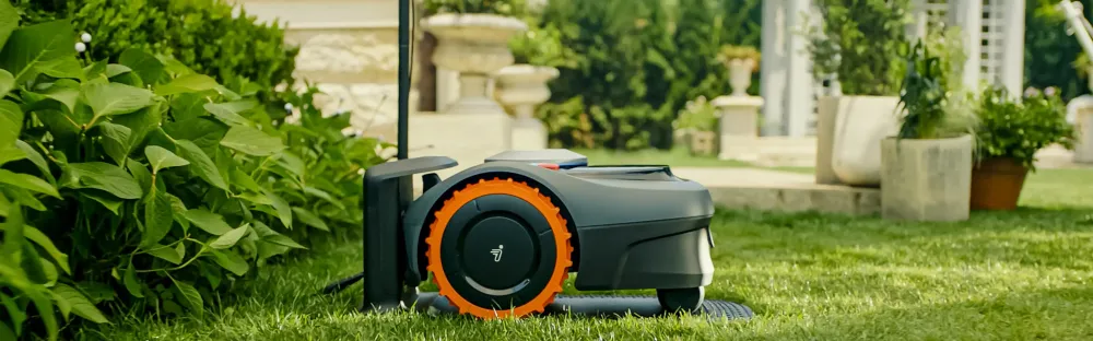 Un robot tagliaerba nero su un prato verde accanto a piante in vaso in un giardino.