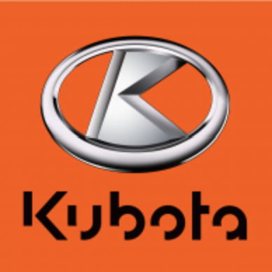 Logo Kubota su sfondo arancione, con emblema argentato e scritta nera.