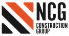 Logo for NCG Construction Group featuring a square icon with diagonal black and orange stripes next to the black text.