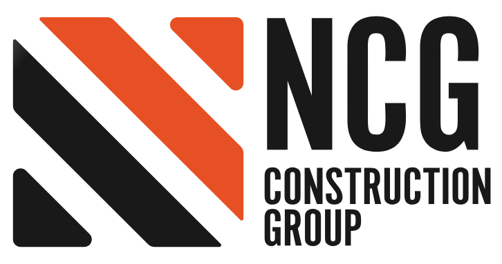 Logo for NCG Construction Group featuring a square icon with diagonal black and orange stripes next to the black text.
