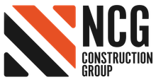 Logo for NCG Construction Group featuring a square icon with diagonal black and orange stripes next to the black text.