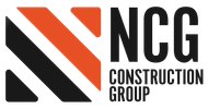 Logo for NCG Construction Group featuring a square icon with diagonal black and orange stripes next to the black text.