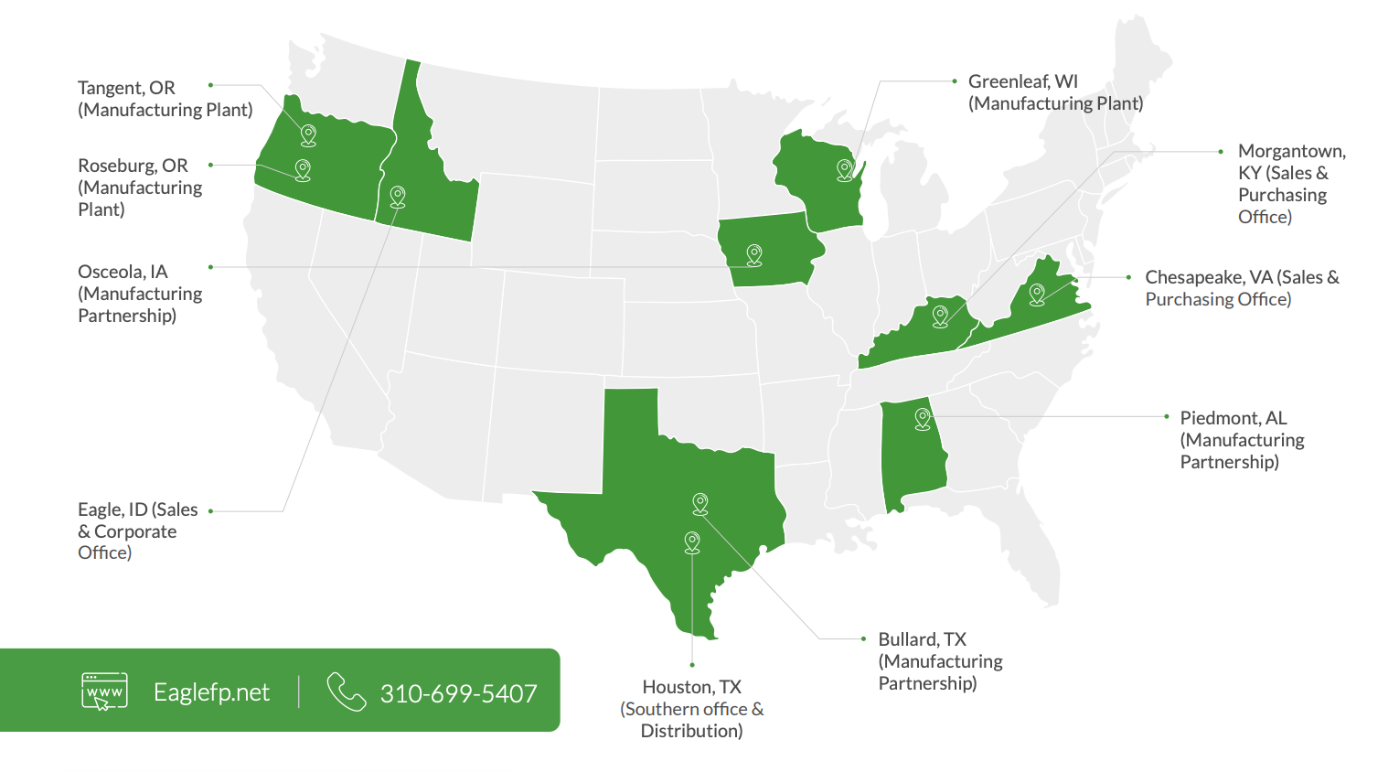 Map with several U.S. states highlighted in green, with city labels around them.