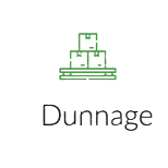 Green line icon of stacked boxes above the word “Dunnage”