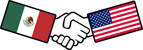 Handshake between the Mexican and U.S. flags, symbolizing cooperation.