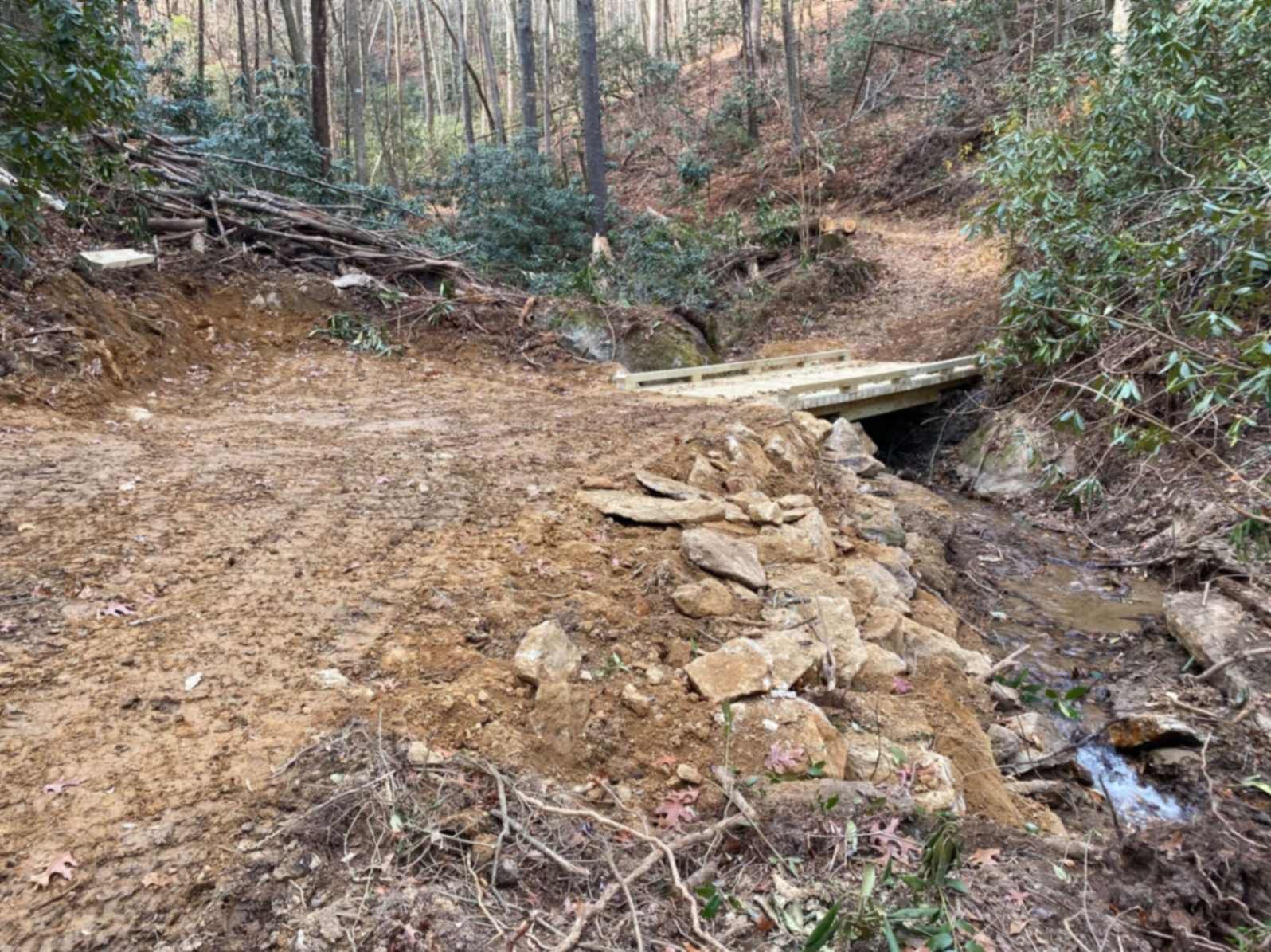 Dirt road leading to a small wooden bridge over a creek in a forest.