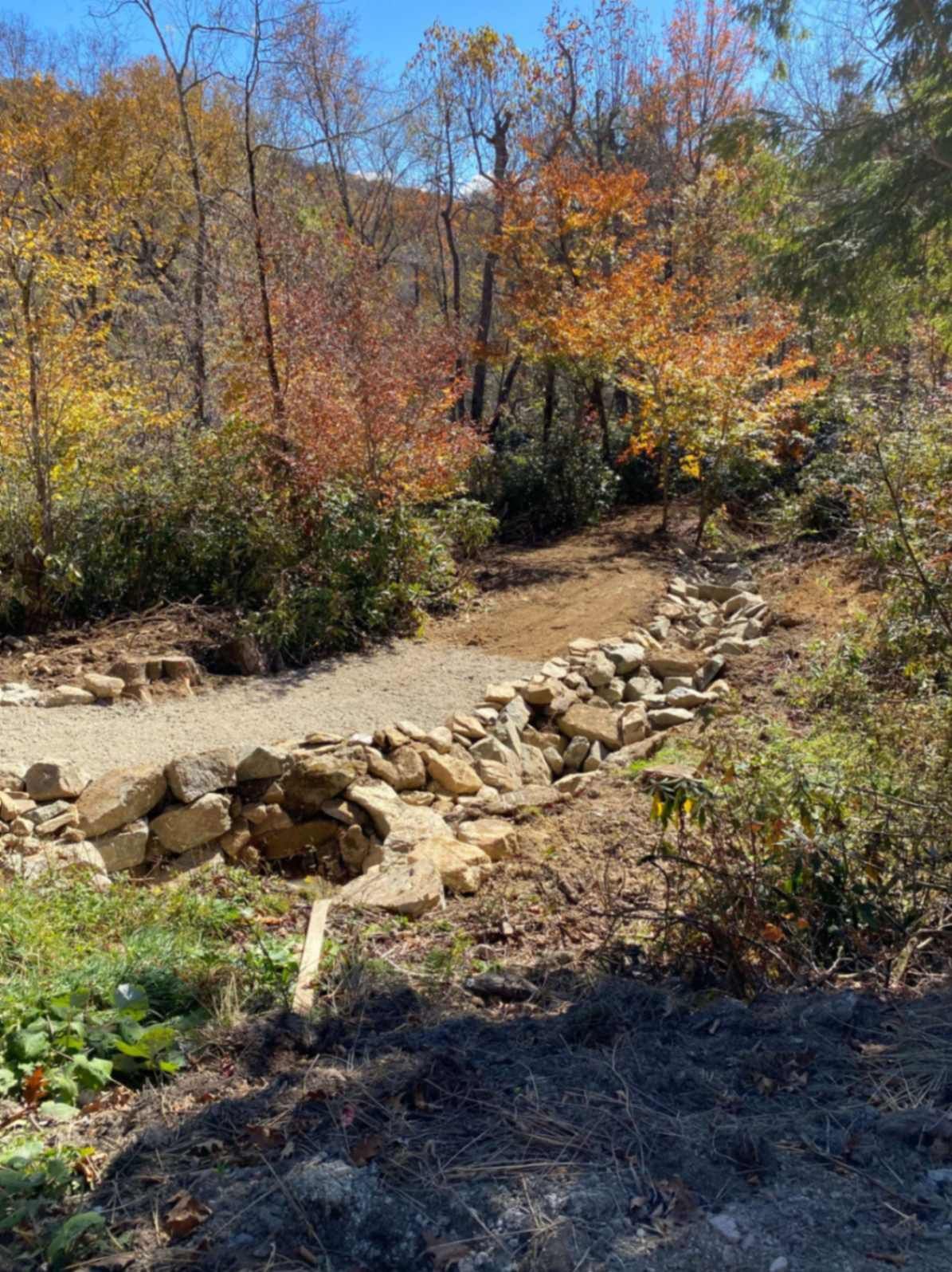 Dry creek bed with a stone-lined path through autumn trees and brush