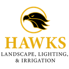 Hawks Landscape, Lighting & Irrigation logo with black hawk head and gold text