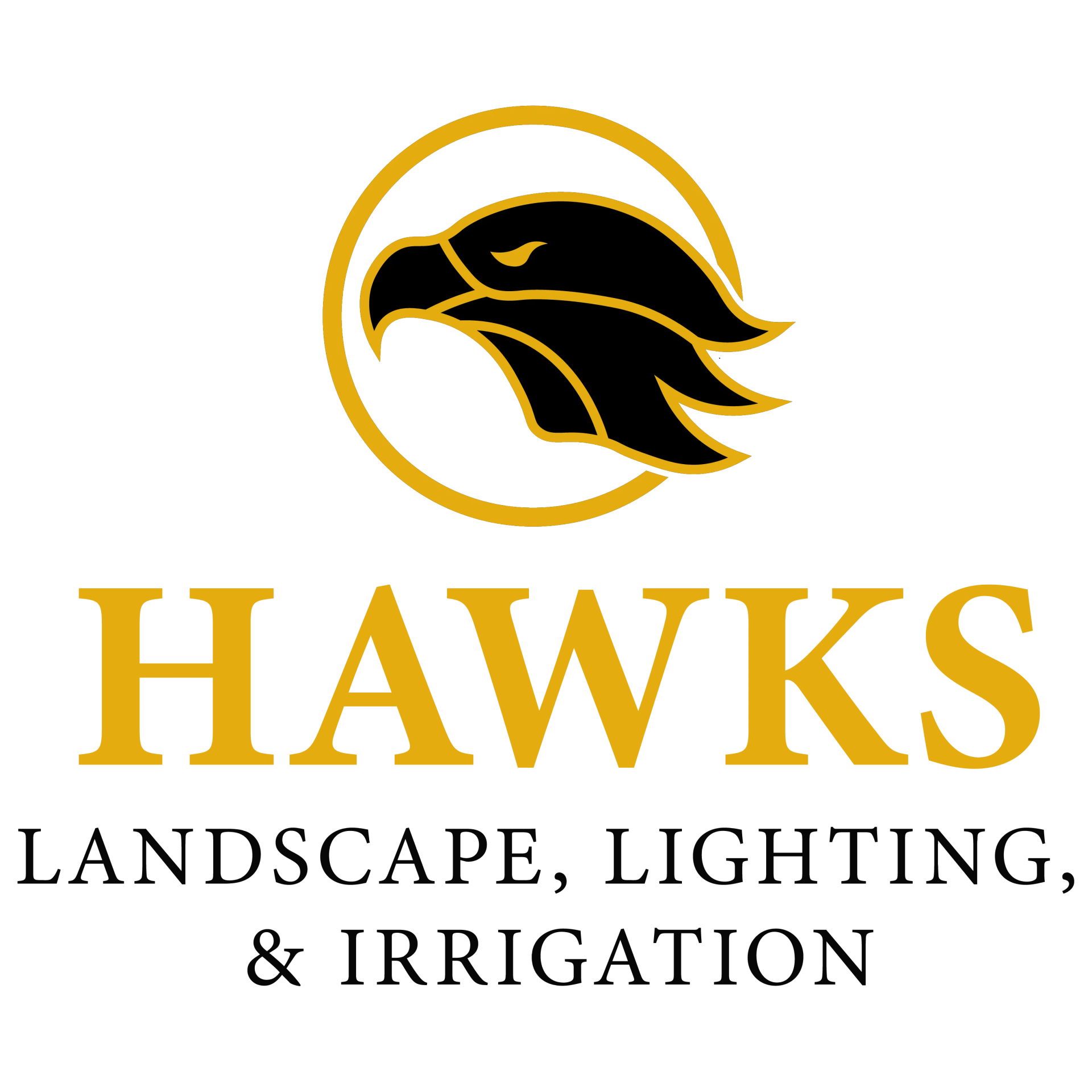 Hawks Landscape, Lighting & Irrigation logo with black hawk head and gold text