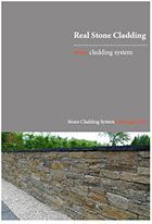 Cover of a brochure on real stone cladding, with a gray background and a stone wall at the bottom.