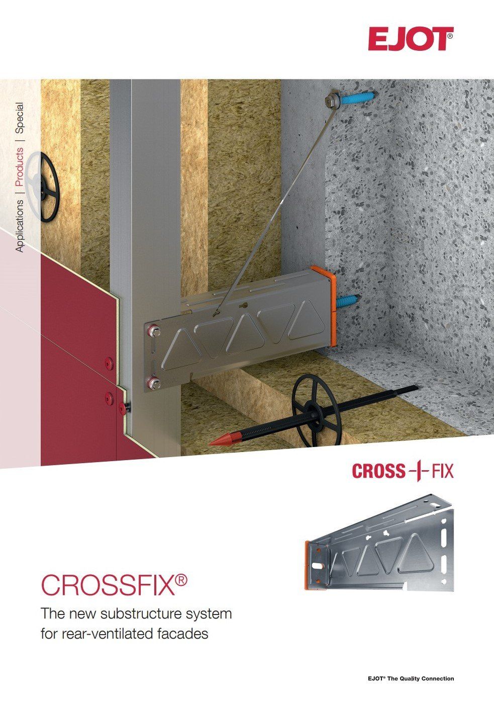 Diagram of the CROSSFIX® pre-nose substructure system for rear-ventilated facades. Metal bracket with insulation and wall components.