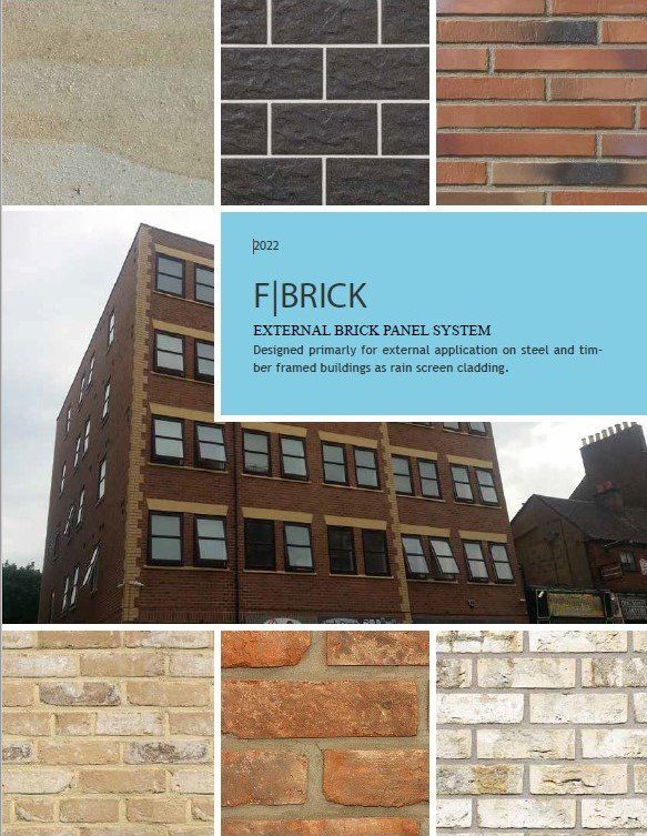 Various brick samples and a brick building, with text 