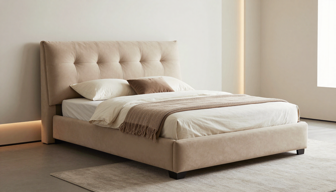 Letto beige trapuntato con lenzuola bianche in una camera da letto minimalista