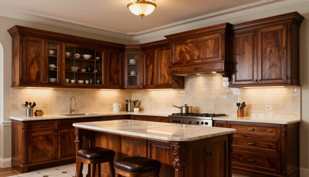 Cucina accogliente con mobili in legno scuro, paraschizzi piastrellato, isola e sgabello sotto una luce soffusa dal soffitto.