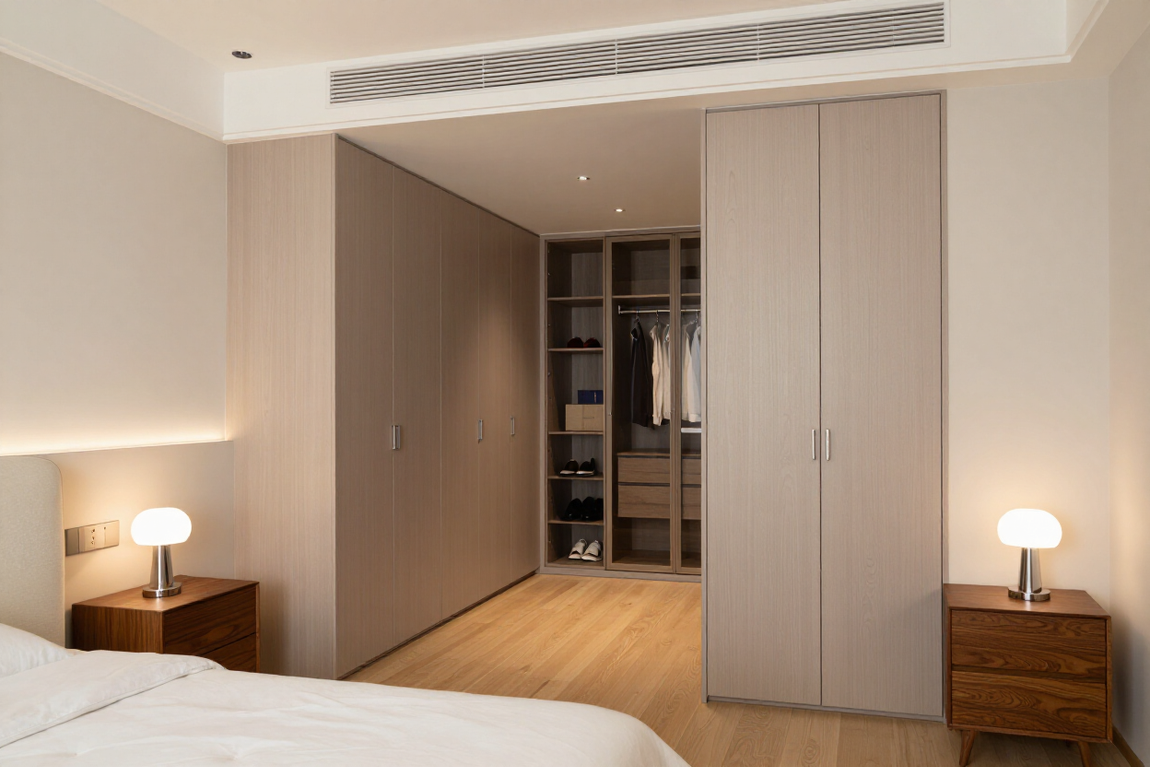 Camera da letto moderna con armadi scorrevoli beige, pavimento in legno caldo e lampade da comodino che brillano di notte.
