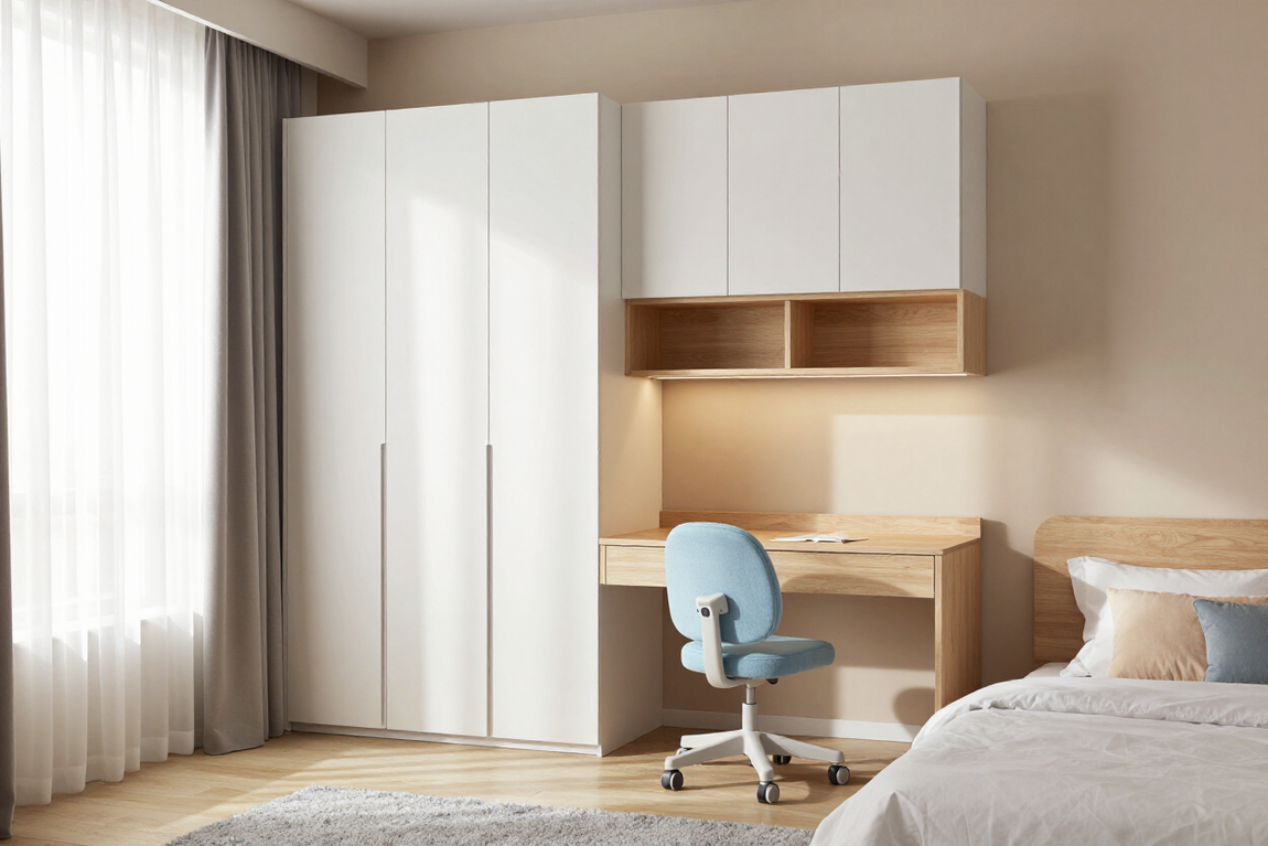 Camera da letto moderna con armadio bianco, scrivania, sedia blu e letto accanto a una finestra con tenda.