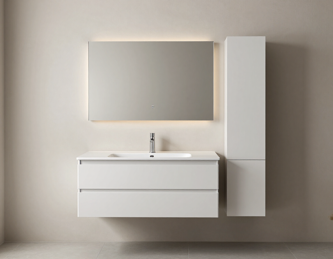 Bagno elegante con specchiera e mobile contenitivo