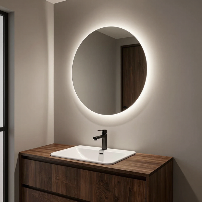 Mobile bagno moderno con mobiletto in legno, lavabo bianco, rubinetto nero e specchio rotondo retroilluminato.