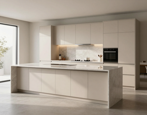 Cucina moderna e minimalista con isola bianca, mobili chiari e forno a incasso.