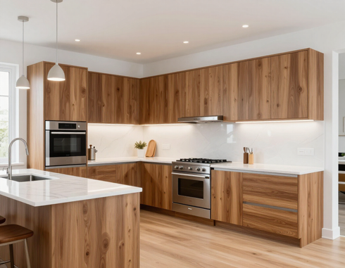 Cucina moderna con mobili in legno, ripiani bianchi, elettrodomestici in acciaio inossidabile e pavimento in legno chiaro.